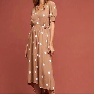 Anthropologie Bernice Cocoa Brown Polka Dot Faux Wrap Midi Dress Sz 12